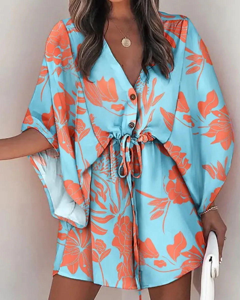 Macymars™ Printed V-Neck Bat Sleeve Button Drawstring Dress 2022 New