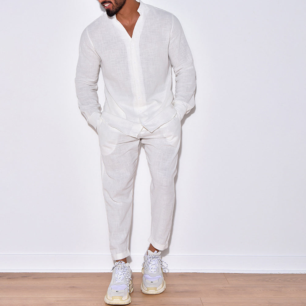 Macymars™ Men's Solid Color V-Neck Long-Sleeve Shirt and Pants Two-Piece Set