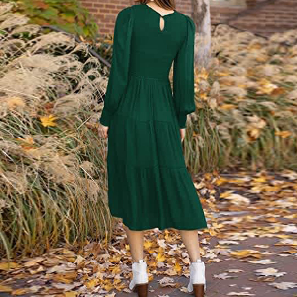 Macymars™ Women's Pleated Long Sleeve Round Neck Dress