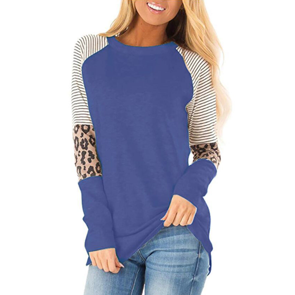 Macymars™ Striped Plunge Sleeve Leopard Print Long Sleeve T-shirt