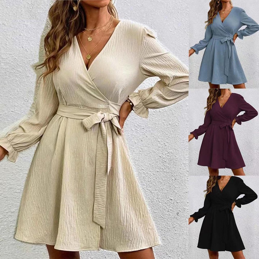 Macymars™ Women Long Sleeve Solid Color V Neck Loose Mid Swing Dresses