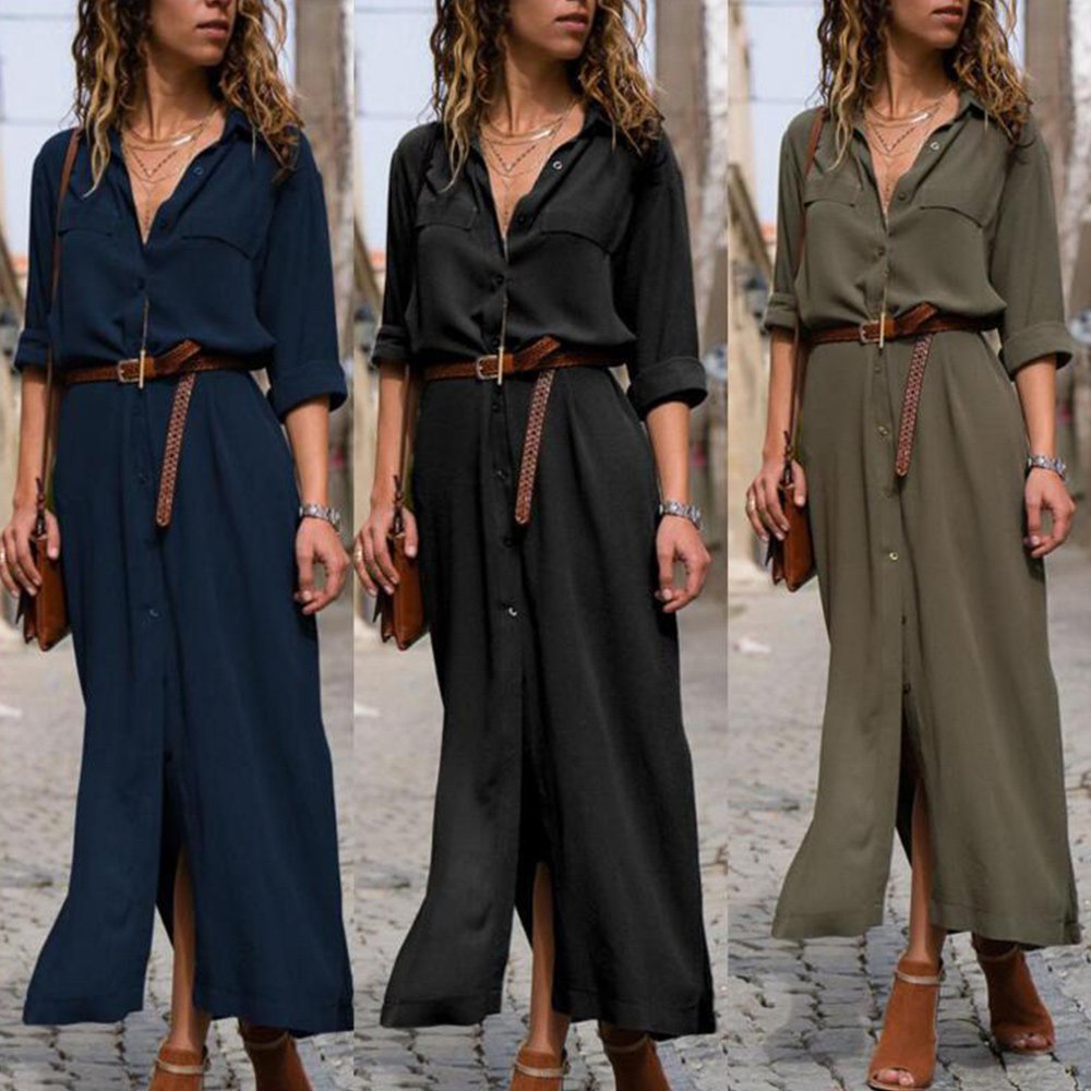 Macymars™ Summer and Autumn Deep V Long Sleeve Solid Women Maxi Dress