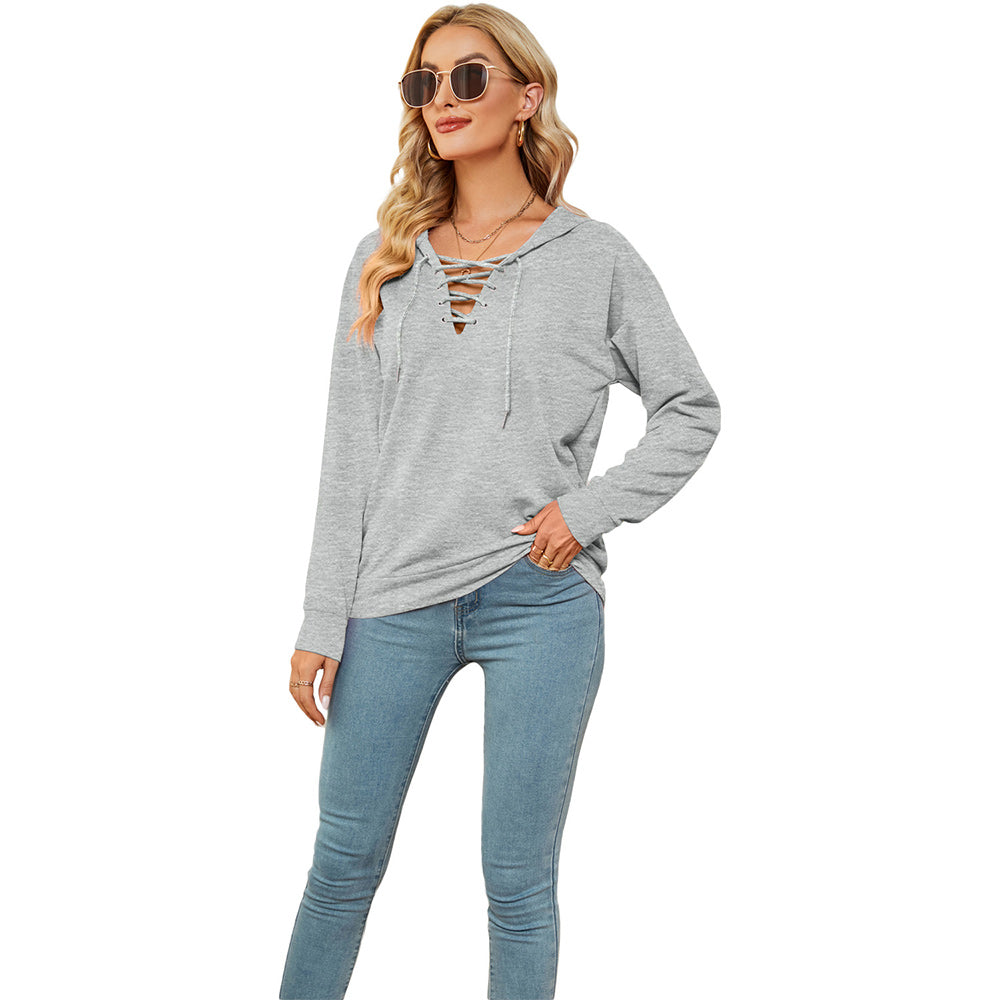 Macymars™ Women's Neck Tie Long Sleeve Hooded Sweatshirt
