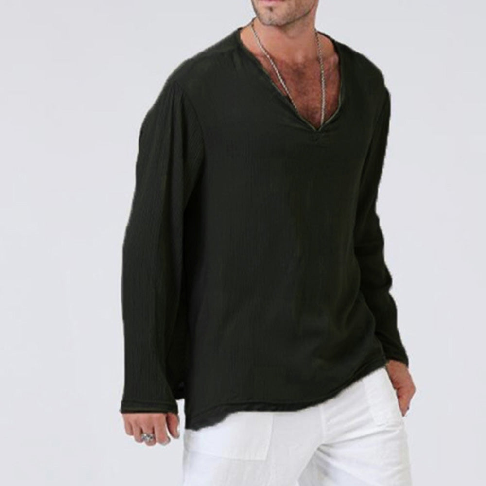 Macymars™ Men's Solid Color Linen V-Neck Long Sleeve T-Shirt