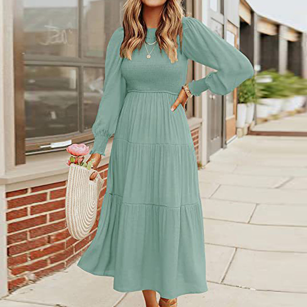 Macymars™ Women's Pleated Long Sleeve Round Neck Dress