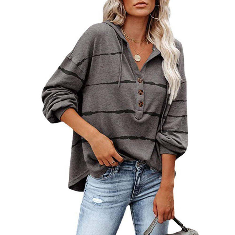 Macymars™ Women's Striped V-Neck Button Hooded Loose Long Sleeve Sweatshirt