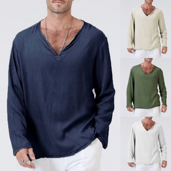 Macymars™ Men's Long Sleeve V-Neck Breathable Casual Cotton Linen Shirts