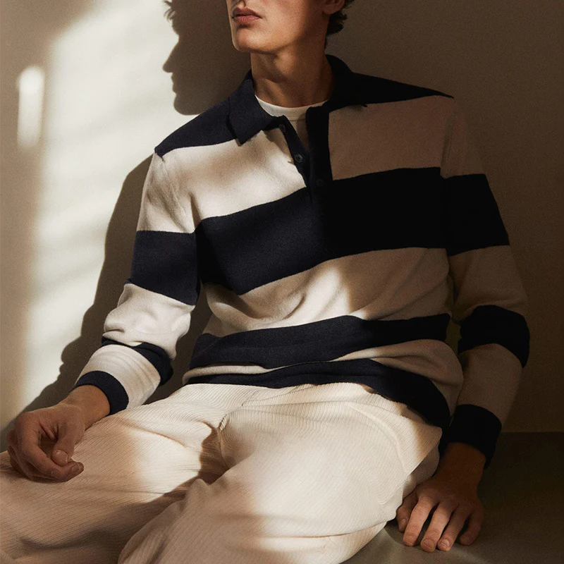 Macymars™ Lapel Half Button Contrast Striped Casual Pullover