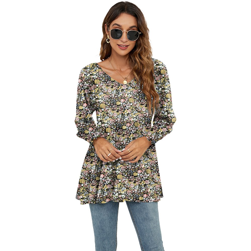 Macymars™ Women Swing Hem Long Sleeve Tops Bohemian Work Floral Print Pullover V Neck Tunic Blouse