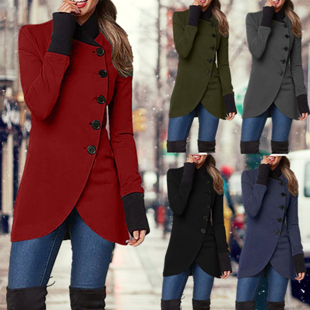 Macymars™ Women's Solid Color Elegant Diagonal Placket Single Breasted Mid Length Coat