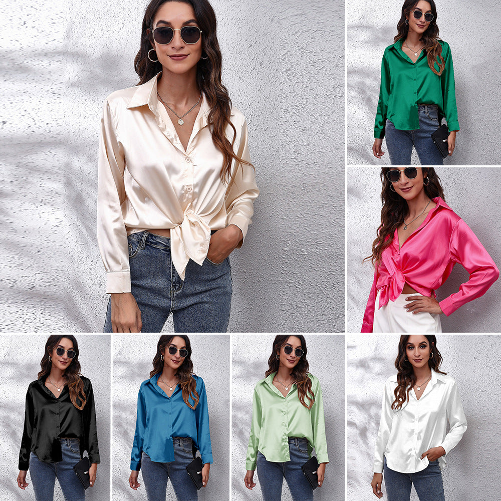 Macymars™ Women's Elegant Satin Lapel Long Sleeve Shirt