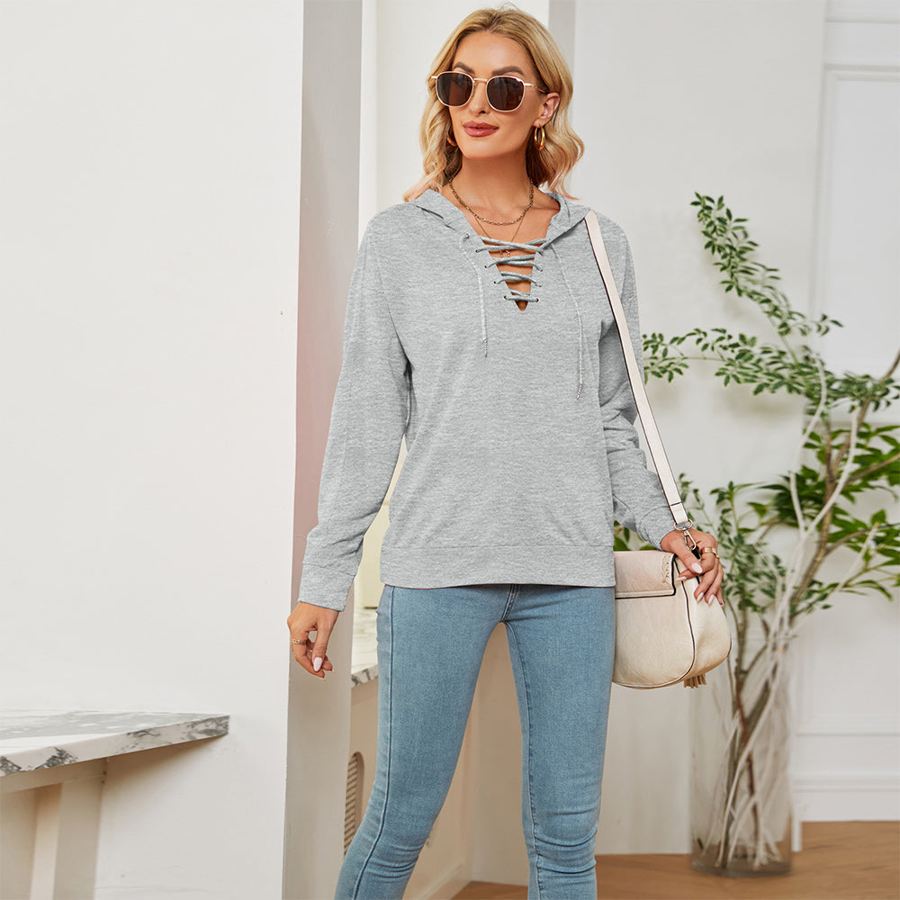 Macymars™ Women's Neck Tie Long Sleeve Hooded Sweatshirt