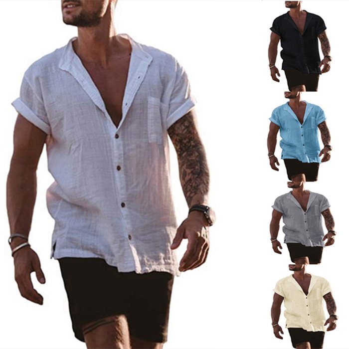 Macymarsl™ Men's Casual Short Sleeve Solid Color Breathable Cotton Linen Shirts