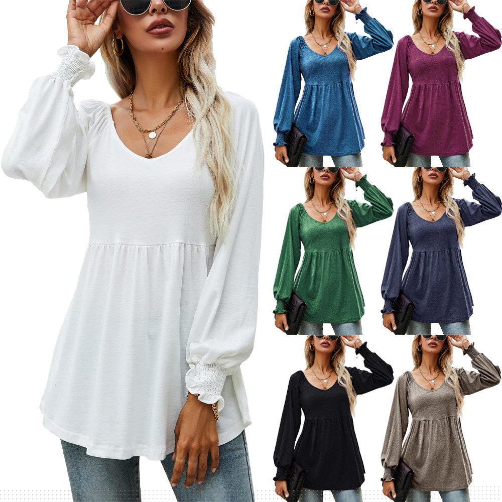 Macymars™ 2022 Autumn And Winter New Women's V-neck Bubble Long-sleeved Cummerbund Top T-shirt