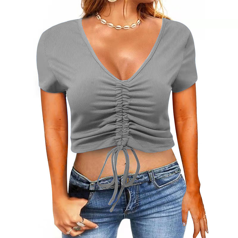 Macymars™ Fashionable Drawstring Crop Neck V Neck Sport Women's T-Shirt
