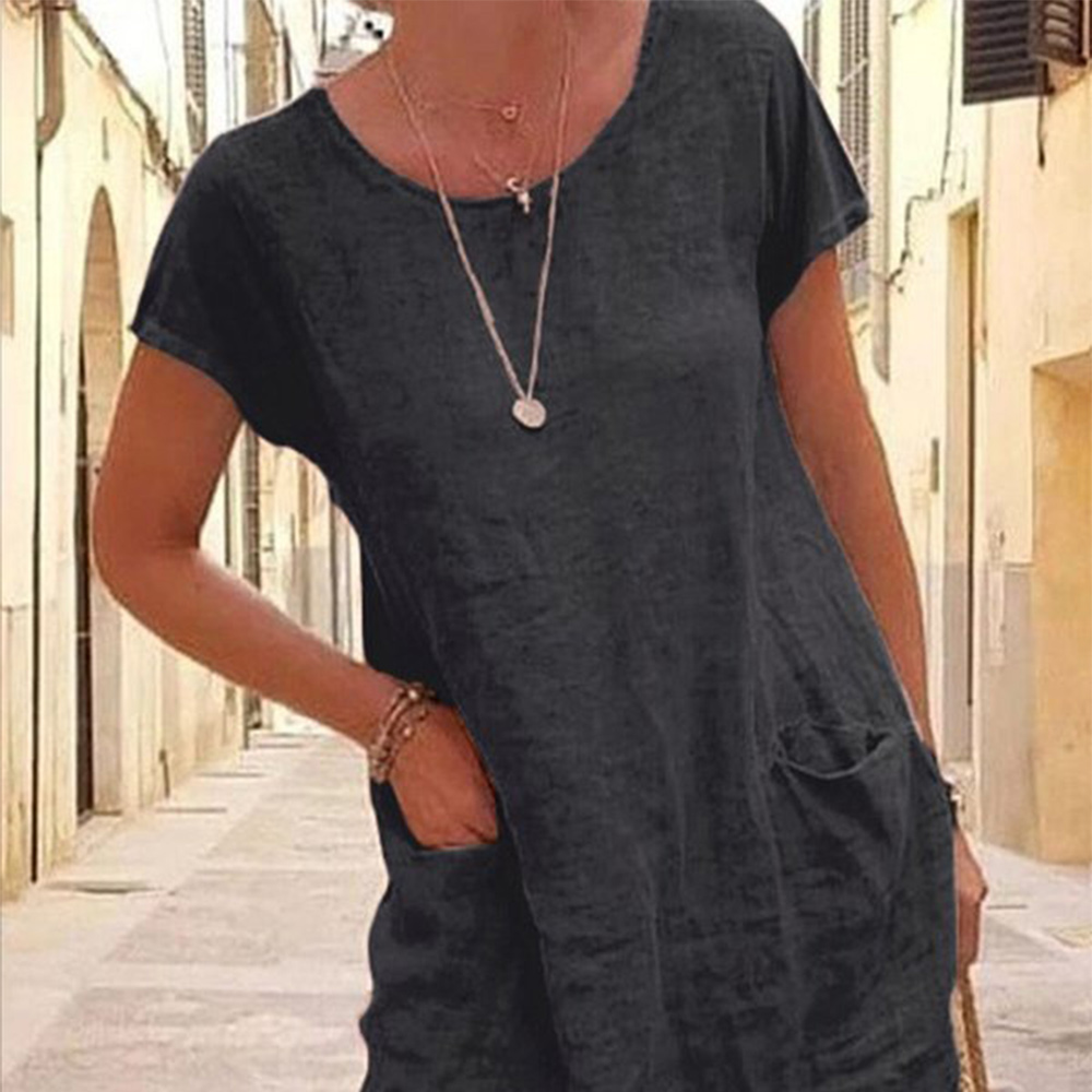 Macymars™ Summer Loose Solid Color Cotton Linen Pocket Crew Neck Dress