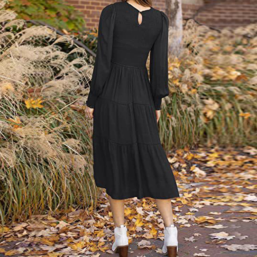 Macymars™ Women's Pleated Long Sleeve Round Neck Dress