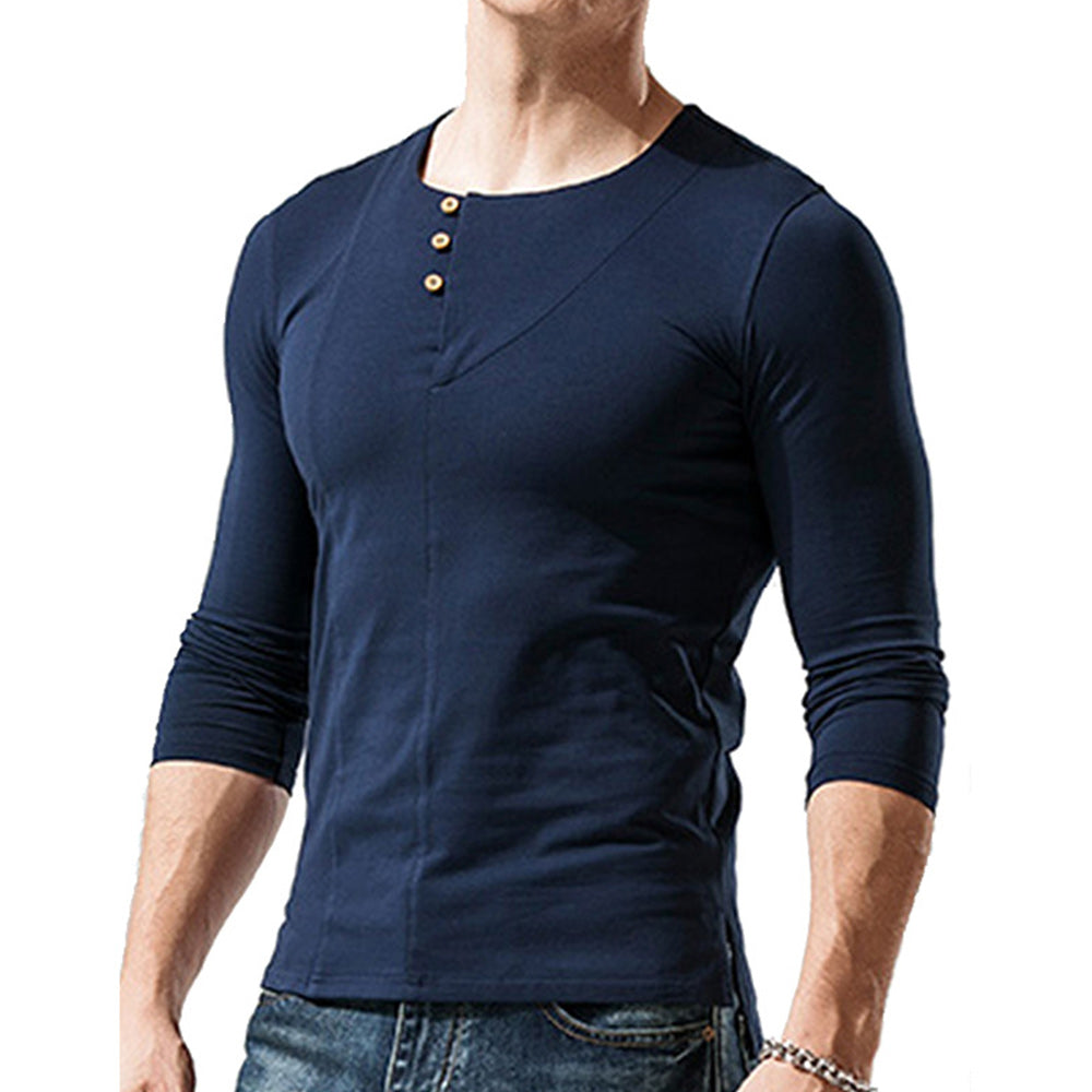 Macymars™ Men's Long Sleeve Solid Color Round Neck Button T-Shirt