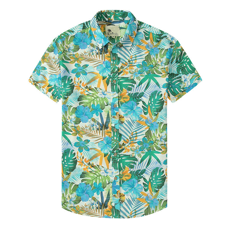 Macymars™ Fashion Hawaiian Green Leaf Yellow Flower Print Beach Men's Bowling Shirt