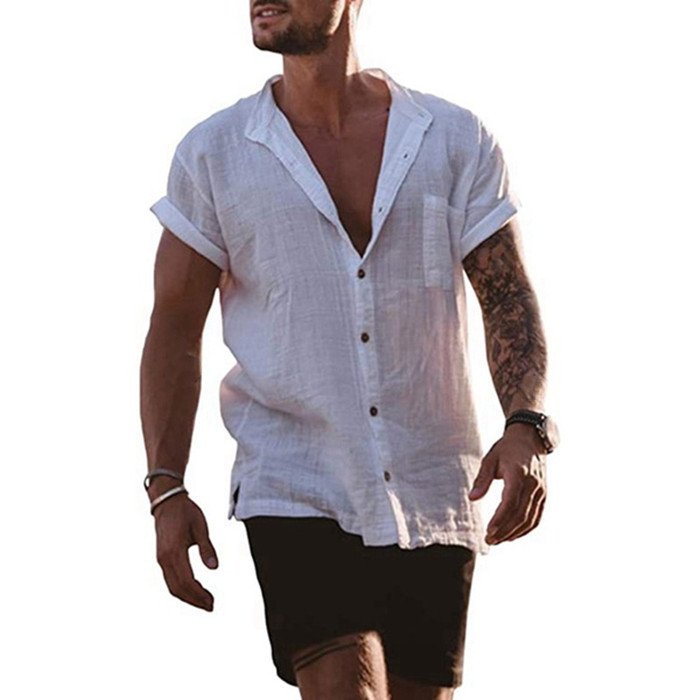 Macymarsl™ Men's Casual Short Sleeve Solid Color Breathable Cotton Linen Shirts