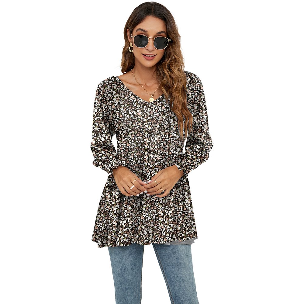 Macymars™ Women Swing Hem Long Sleeve Tops Bohemian Work Floral Print Pullover V Neck Tunic Blouse
