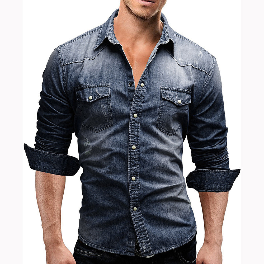 Macymars™ Men's Long Sleeve Lapel Pocket Denim Shirt