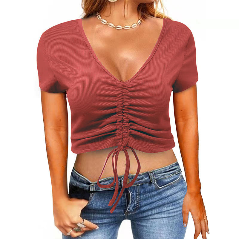 Macymars™ Fashionable Drawstring Crop Neck V Neck Sport Women's T-Shirt