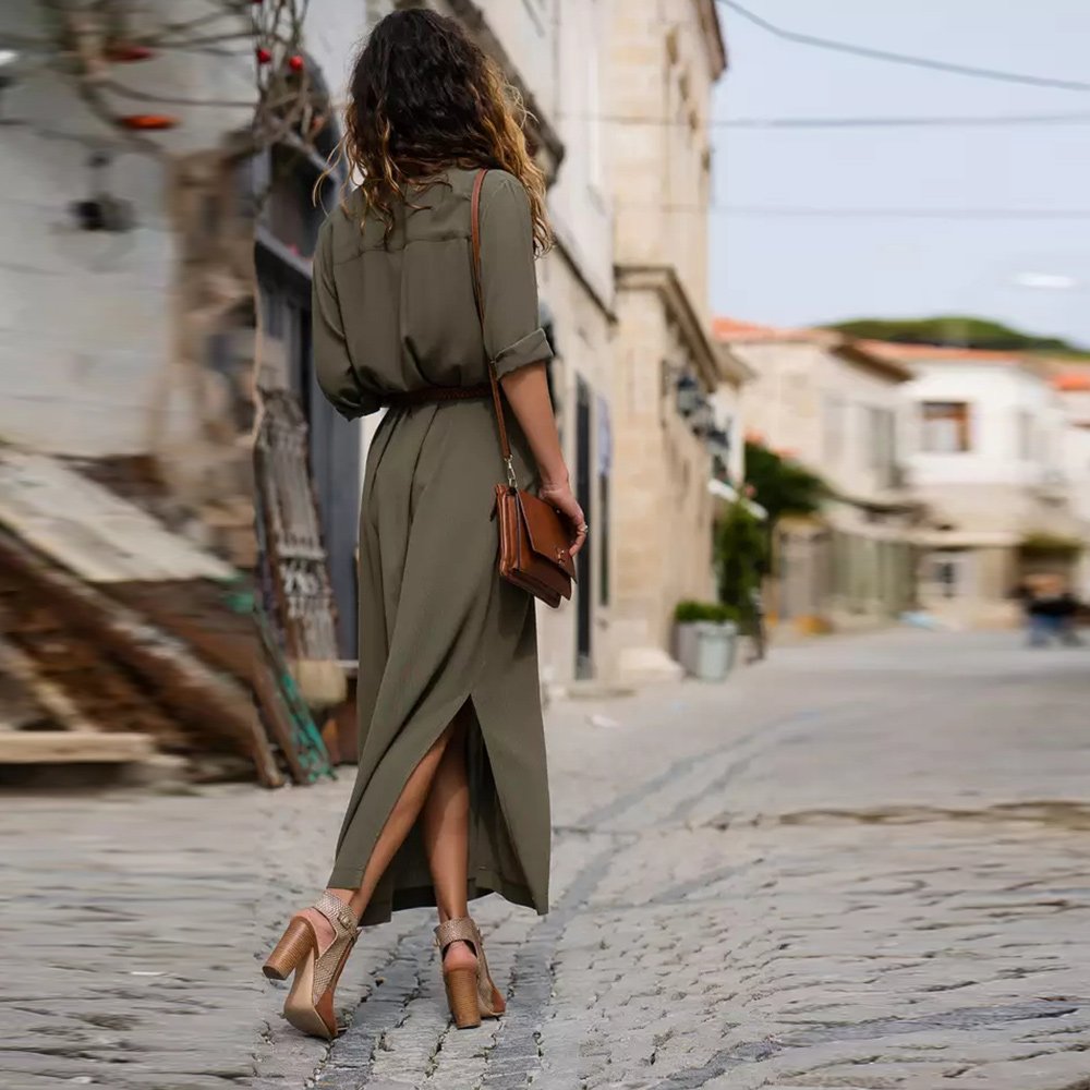 Macymars™ Summer and Autumn Deep V Long Sleeve Solid Women Maxi Dress