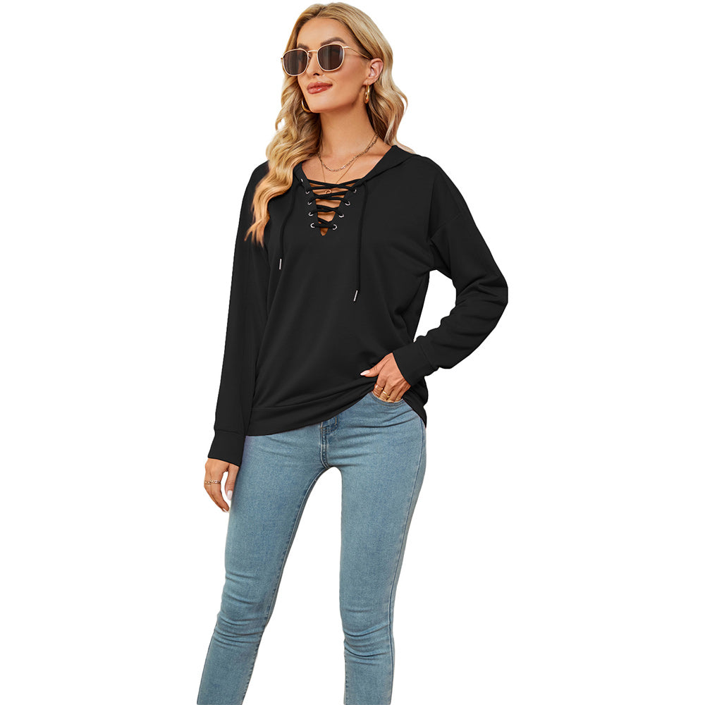 Macymars™ Women's Neck Tie Long Sleeve Hooded Sweatshirt
