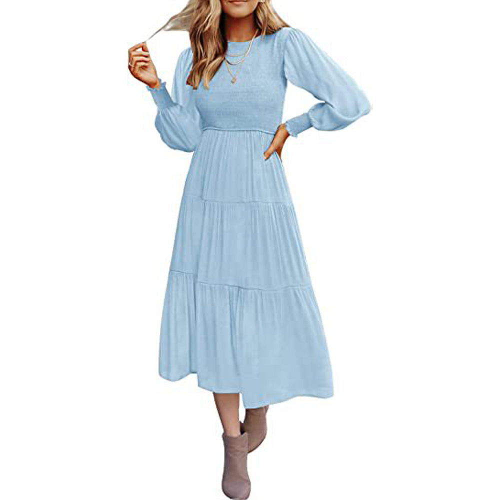 Macymars™ Women's Pleated Long Sleeve Round Neck Dress