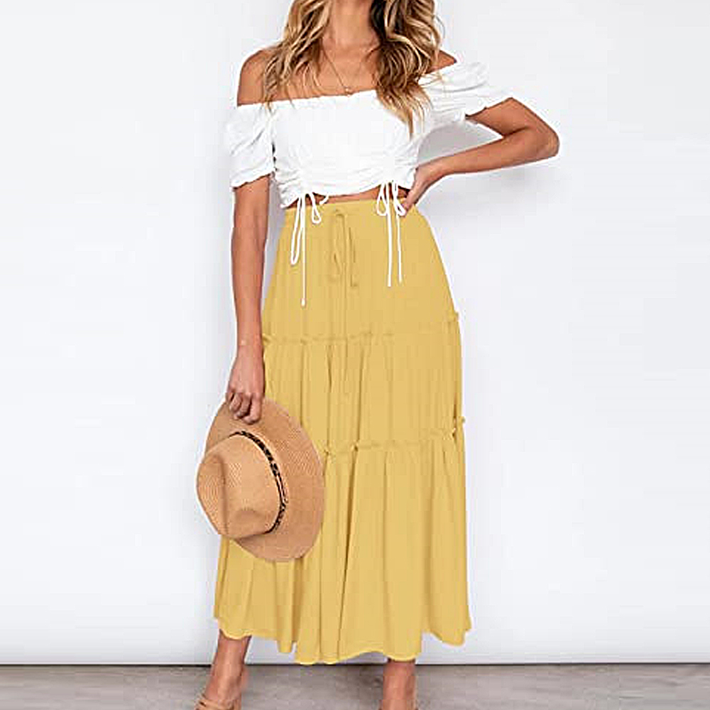 Macymars™ 2022 Summer Bohemian Elastic High Waist A Line Midi Skirt Casual Ruffle Long Skirt for Women