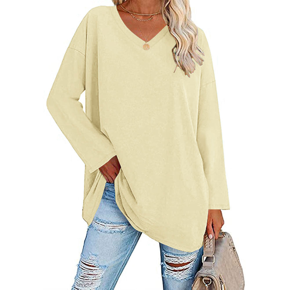Macymars™ Women's Solid Color Fashion V-Neck Loose Long Sleeve T-Shirt