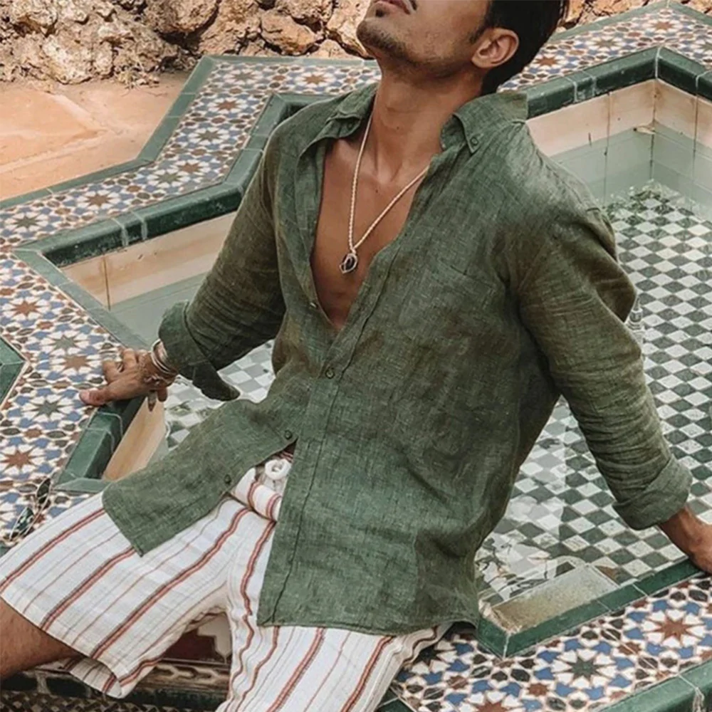 Macymars™ Men's Cotton Linen Loose Lapel Long Sleeve Shirt