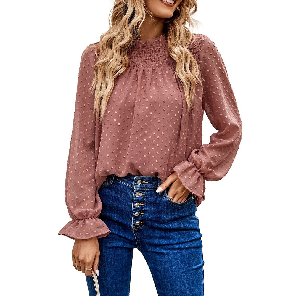 Macymars™ Women's Round Neck Chiffon Ruffle Loose Solid Color Fur Ball Polka Dot Blouse