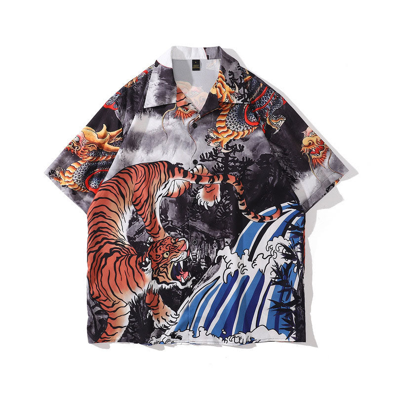Macymars™ Retro Battle of Dragon Tiger Print Street Oversize Men's Bowling Shirt
