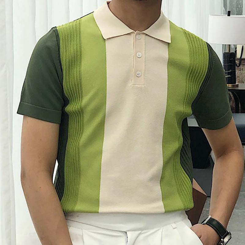 Macymars™ Fashionable Green Striped Knit Men's Bowling Shirt