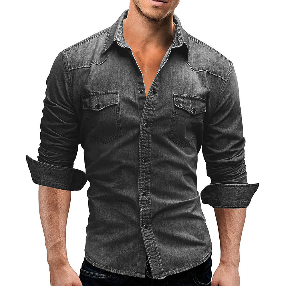 Macymars™ Men's Long Sleeve Lapel Pocket Denim Shirt