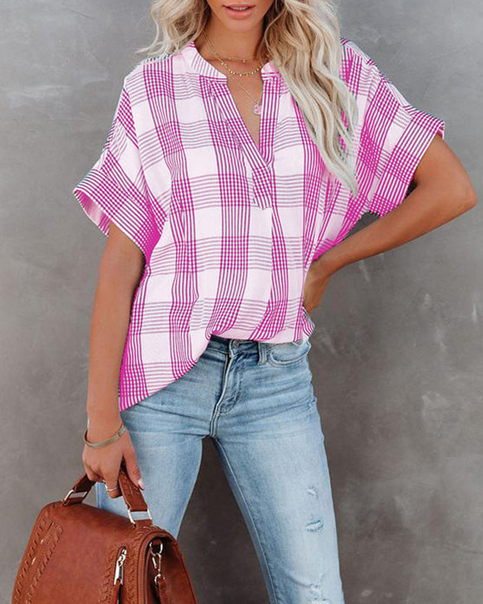 Macymars™ Women Plaid V Neck Loose Casual Basic T-Shirt