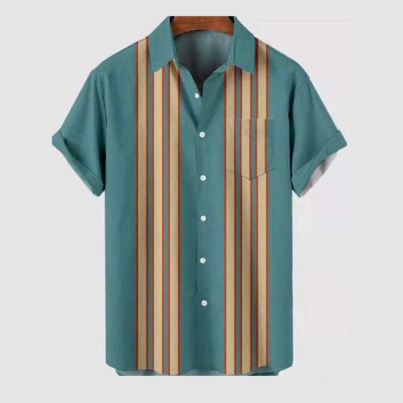 Macymars™ Fashionable Trend Green Khaki Stripe Print Men's Bowing Shirt