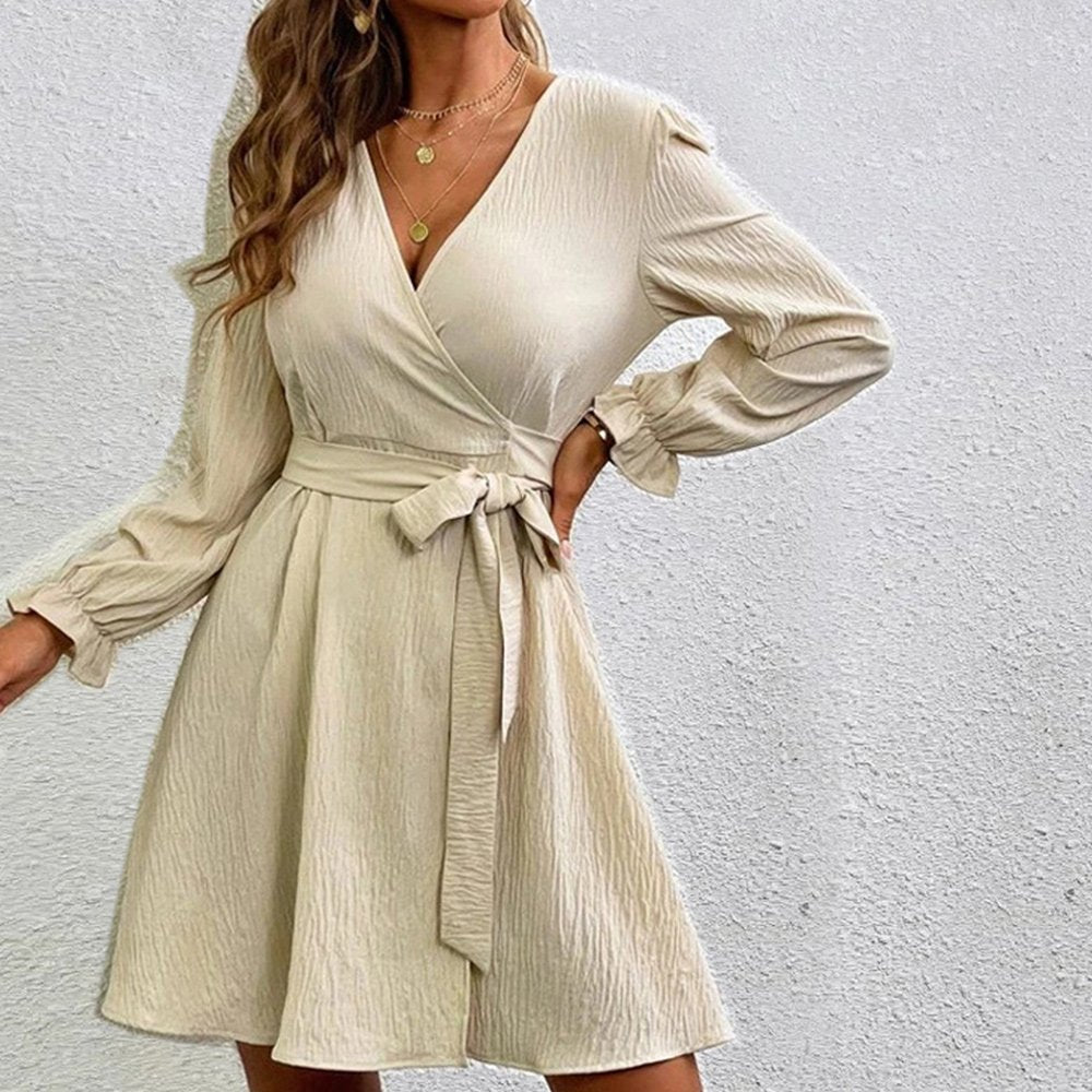 Macymars™ Women Long Sleeve Solid Color V Neck Loose Mid Swing Dresses
