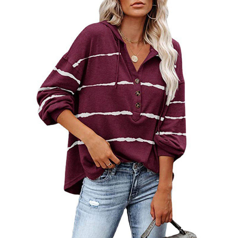 Macymars™ Women's Striped V-Neck Button Hooded Loose Long Sleeve Sweatshirt