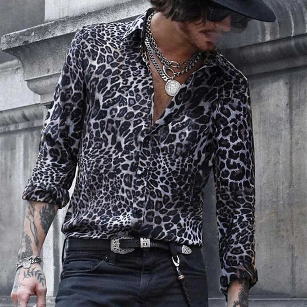 Macymars™ Men's Leopard Print Lapel Long Sleeve Shirt