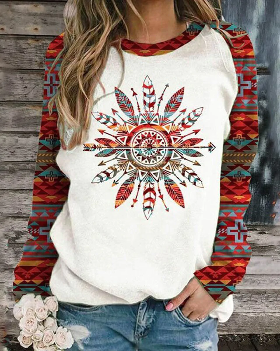 Macymars™ Women Retro Print Crew Neck Long Sleeve Sweatshirt Top