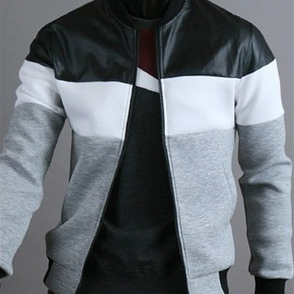 Macymars™ Leather Panel Zip Stand Collar Baseball Jacket