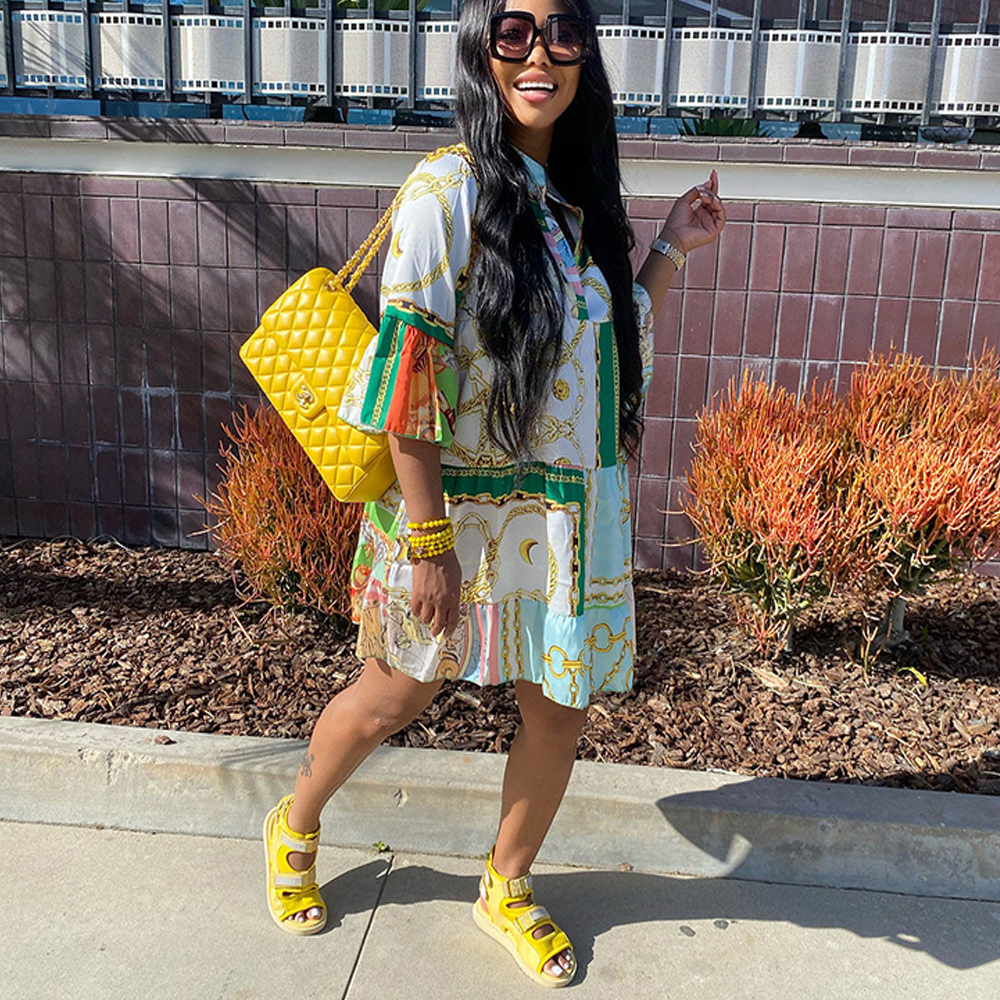 Macymars™ Summer Fashion Casual Loose Printing Trend Stand Collar Three-quarter Sleeve Mid-waist Dress