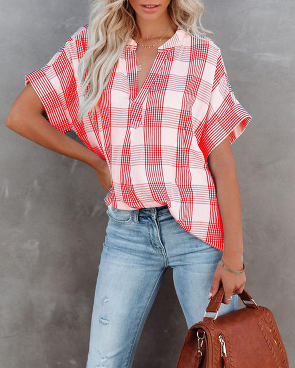Macymars™ Women Plaid V Neck Loose Casual Basic T-Shirt