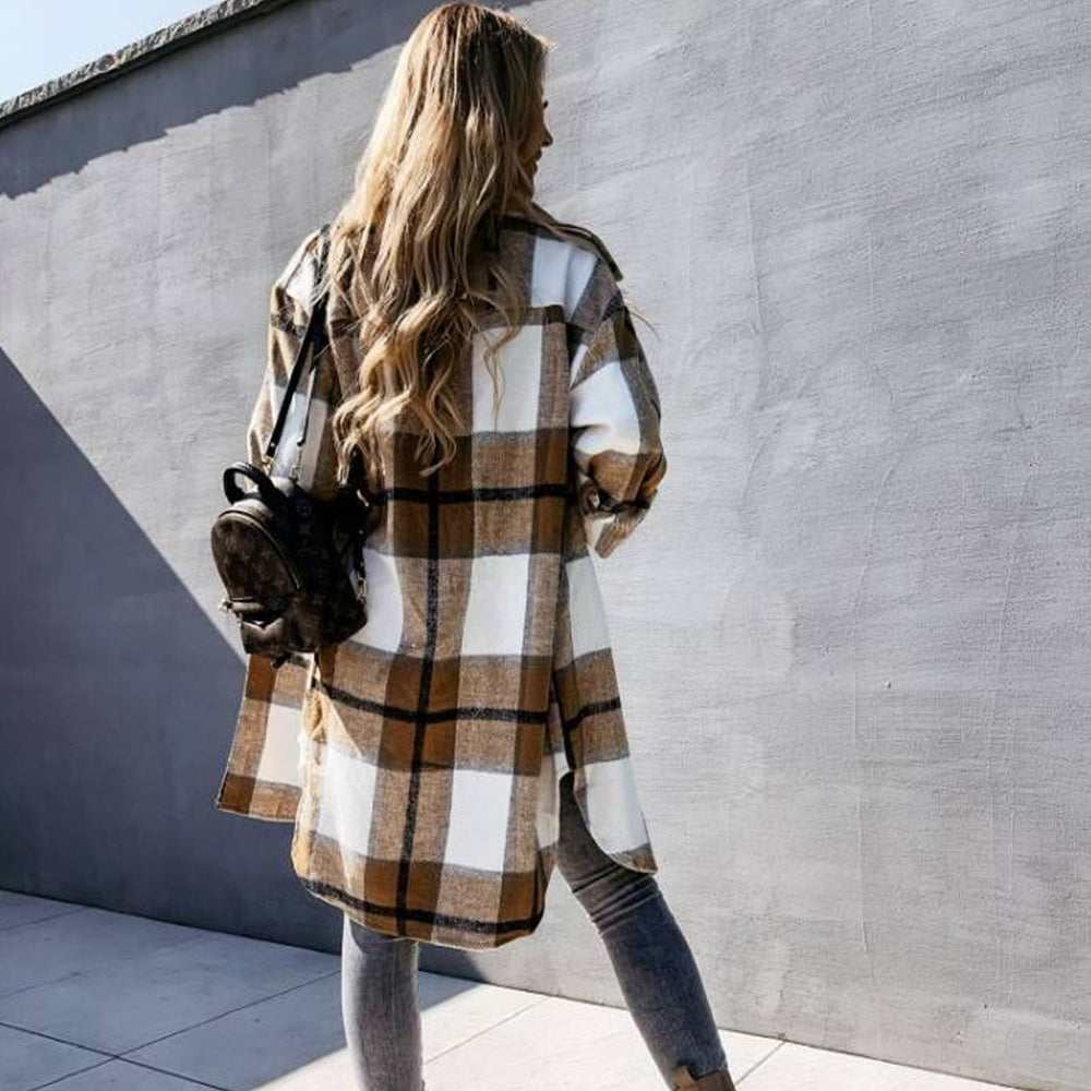 Macymars™ Women's Fashion Long Plaid Shirt Jacket