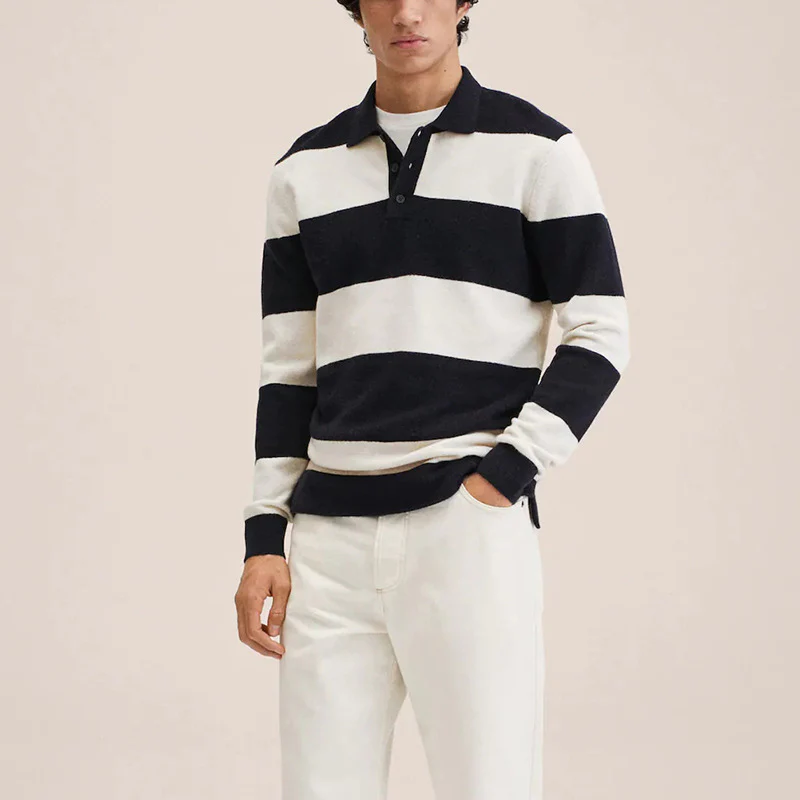 Macymars™ Lapel Half Button Contrast Striped Casual Pullover