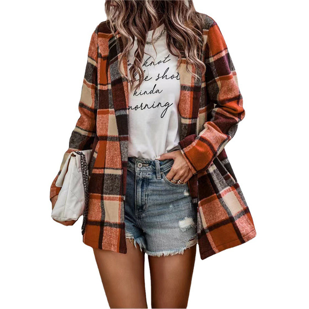 Macymars™ New Autumn Winter Women Warm Woolen Plaid Coat Office Lady Long Sleeve Shirt Cardigan