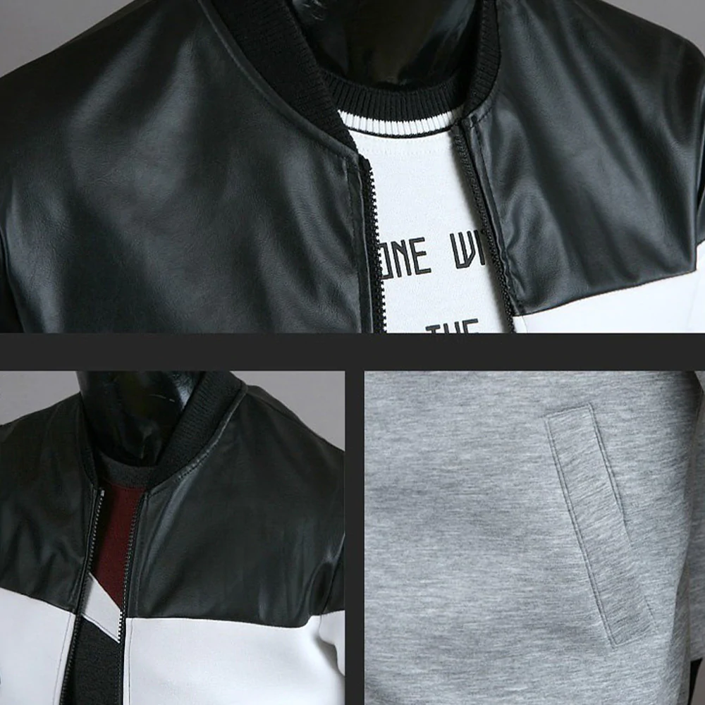 Macymars™ Leather Panel Zip Stand Collar Baseball Jacket